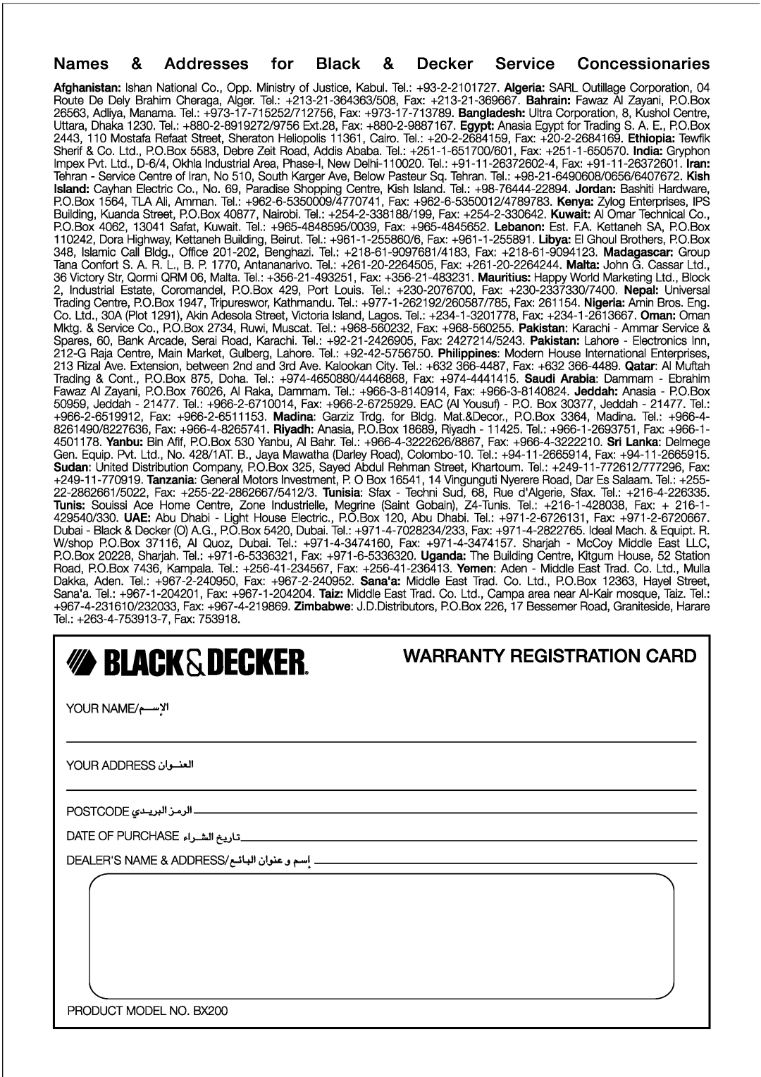 Black & Decker BX200 manual Names, Addresses, Black, Decker, Service, Concessionaries 