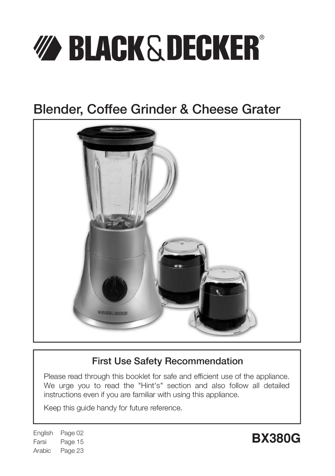 Black & Decker BX380G manual Blender, Coffee Grinder & Cheese Grater 