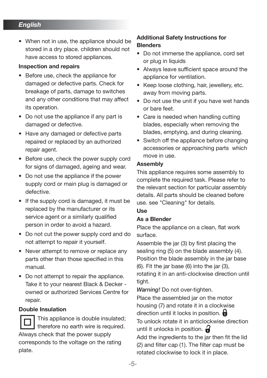 Black & Decker BX380G Inspection and repairs, Double Insulation, Additional Safety Instructions for Blenders, Assembly 