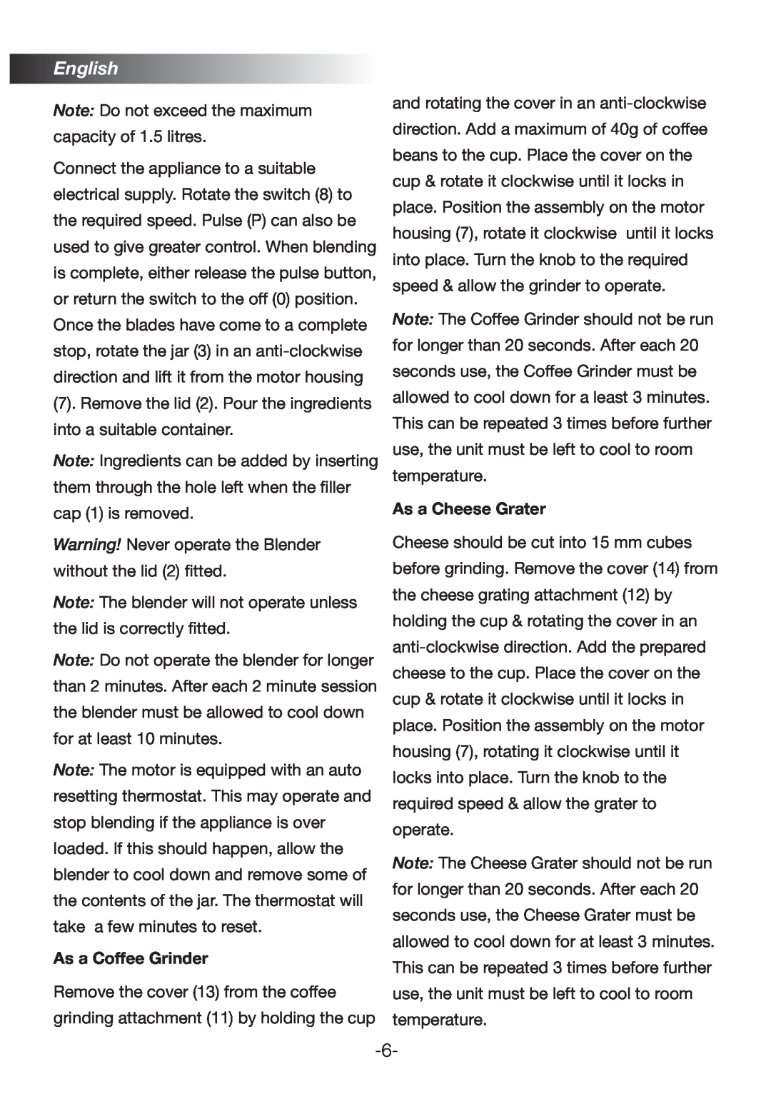 Black & Decker BX380G manual English, As a Coffee Grinder, As a Cheese Grater 