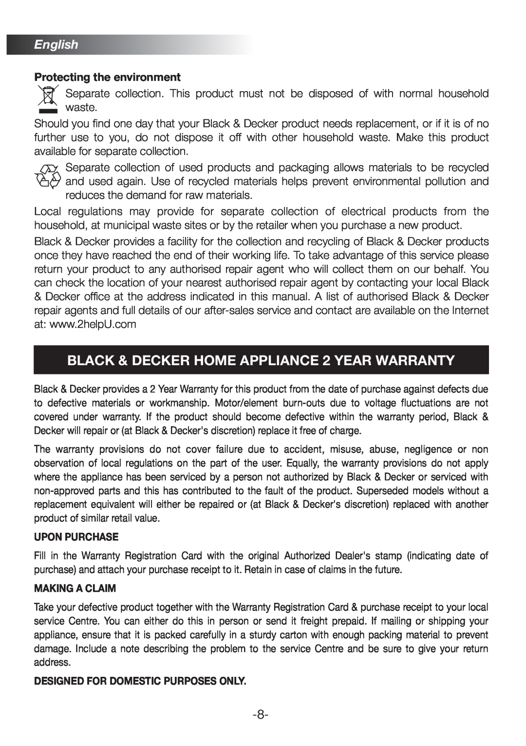 Black & Decker BX380G manual BLACK & DECKER HOME APPLIANCE 2 YEAR WARRANTY, English, Protecting the environment 