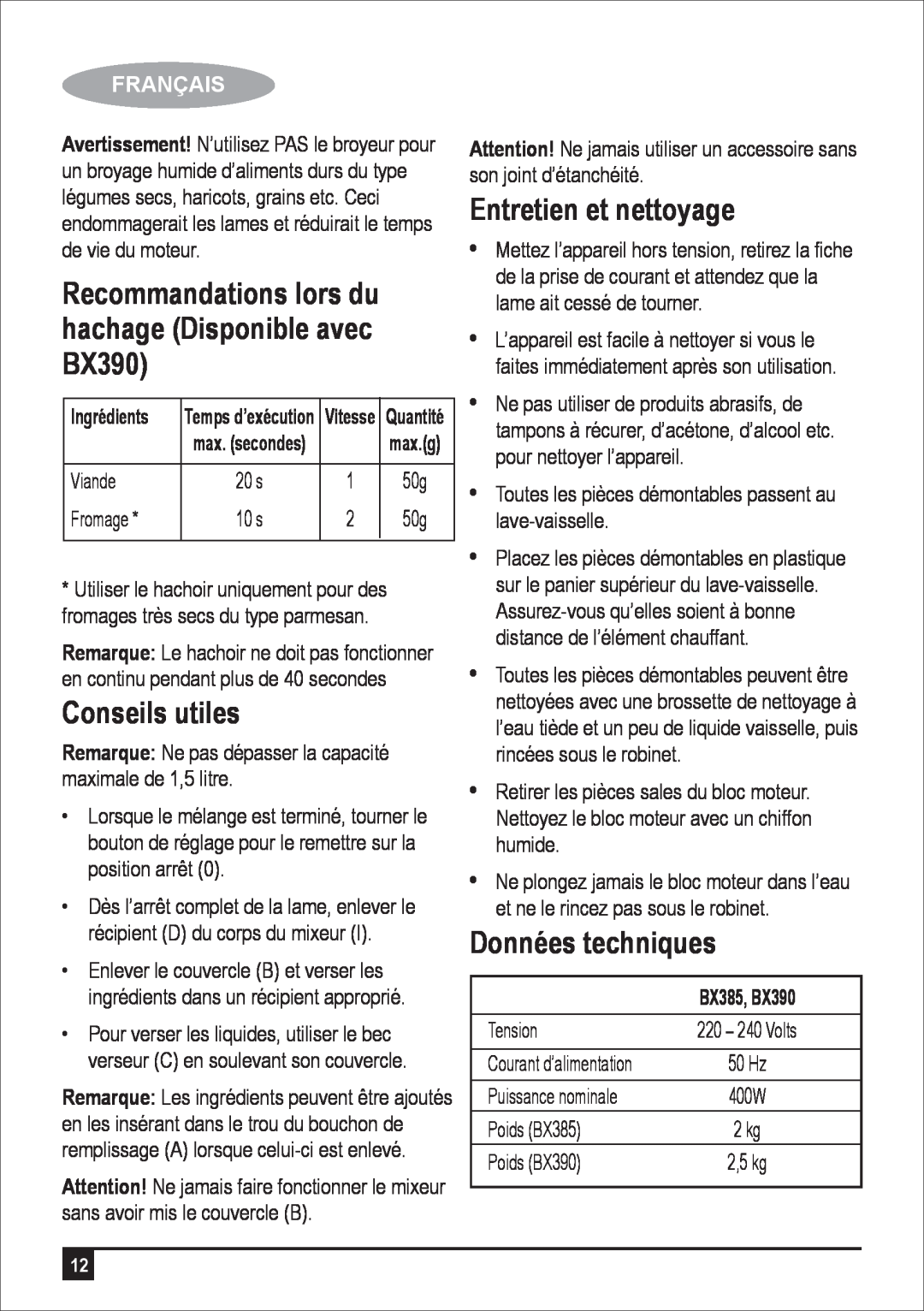 Black & Decker manual Conseils utiles, Entretien et nettoyage, Données techniques, Français, Ingrédients, BX385, BX390 