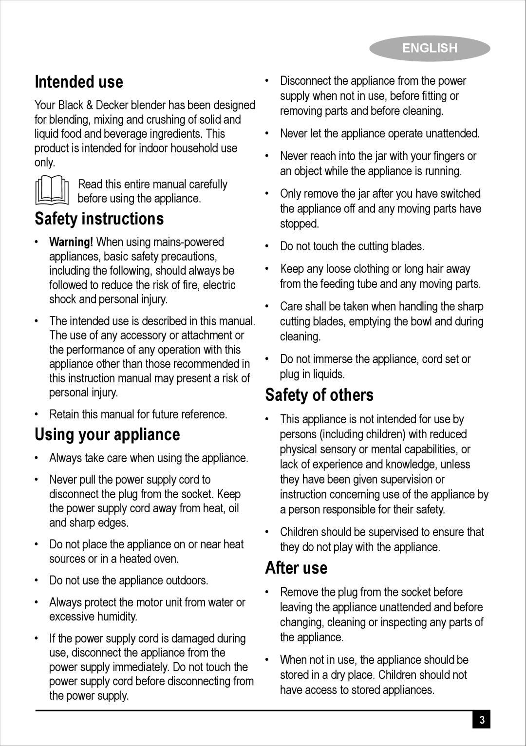 Black & Decker BX560-B5 / BX580-B5 Intended use, Safety instructions, Using your appliance, Safety of others, After use 