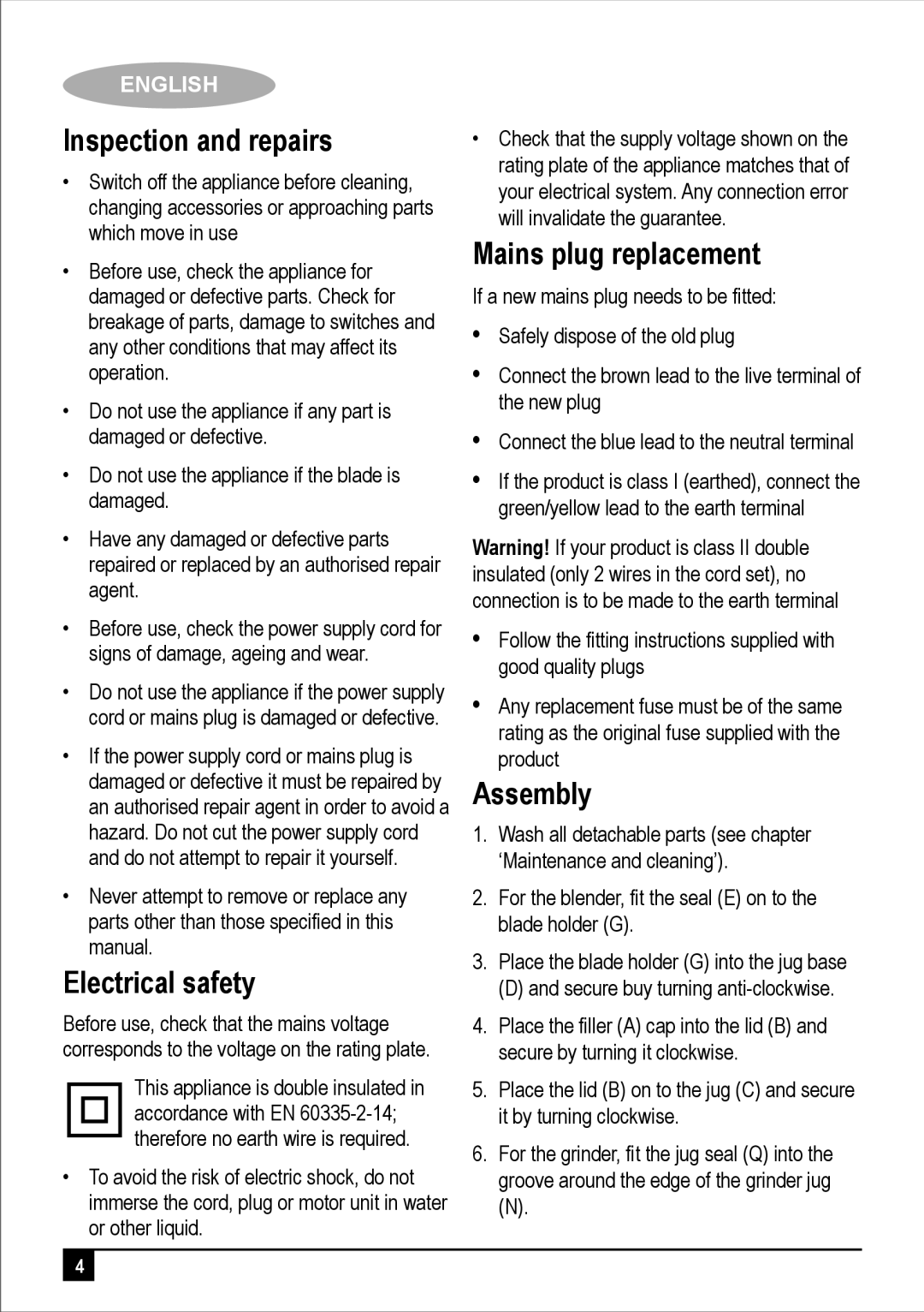 Black & Decker BX560-B5 / BX580-B5 manual Inspection and repairs, Electrical safety, Mains plug replacement, Assembly 