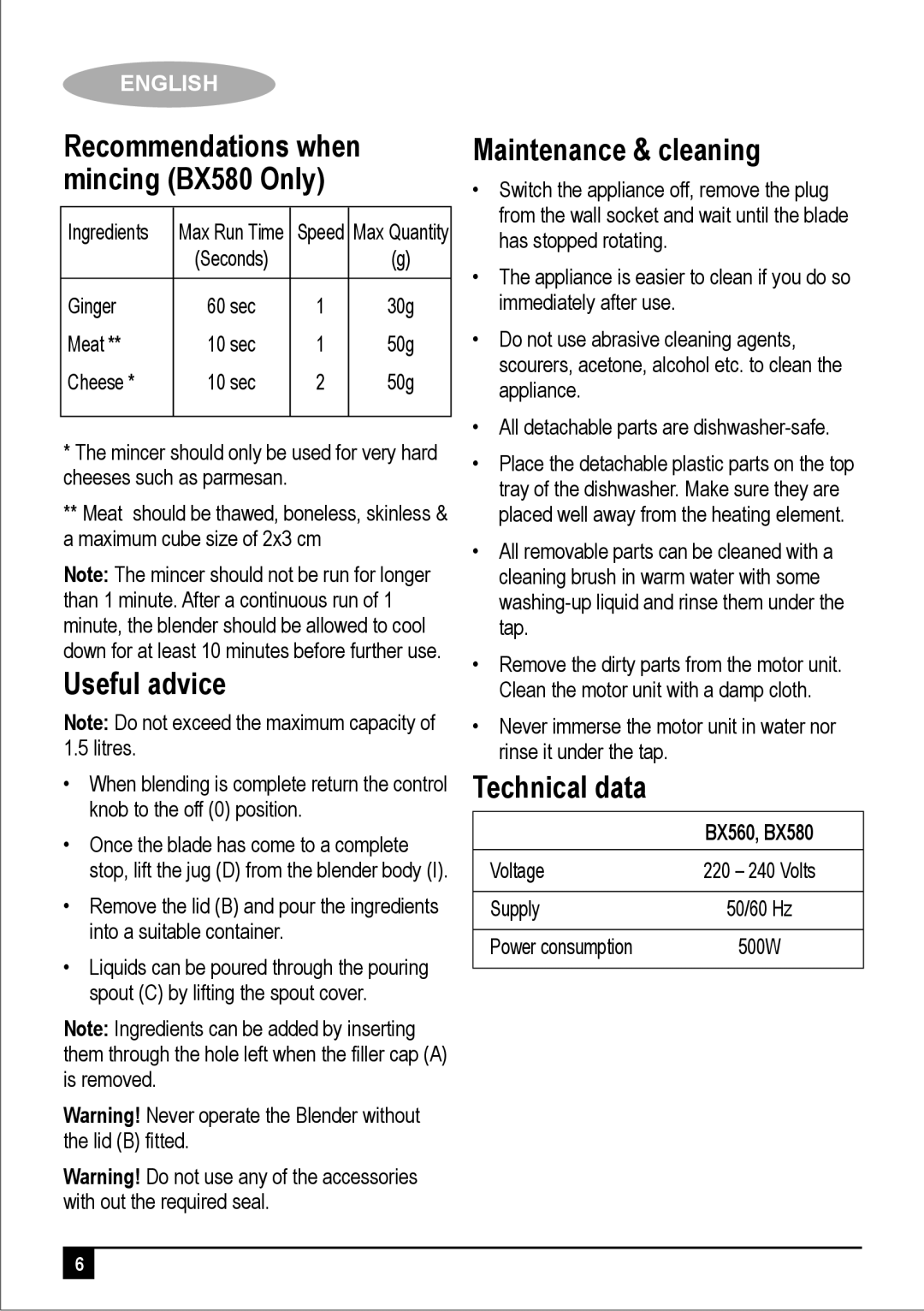 Black & Decker BX560-B5 / BX580-B5 manual Useful advice, Maintenance & cleaning, Technical data 