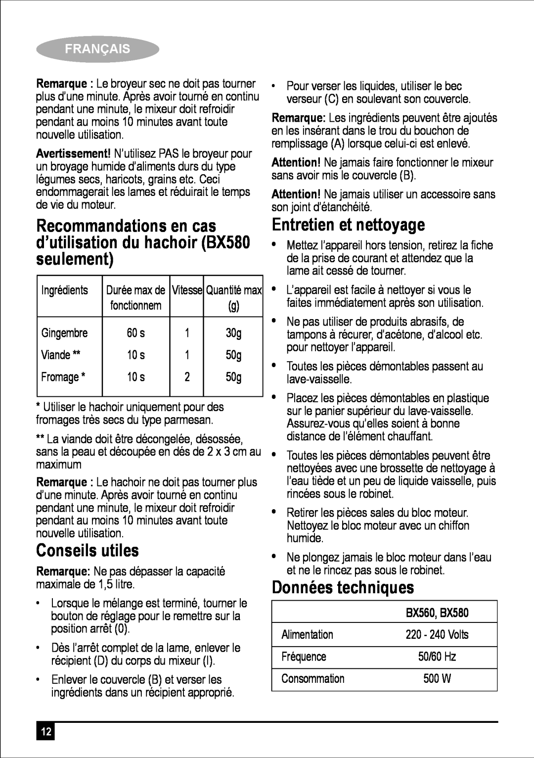 Black & Decker BX560-B5 / BX580-B5 Conseils utiles, Entretien et nettoyage, Données techniques, Français, BX560, BX580 
