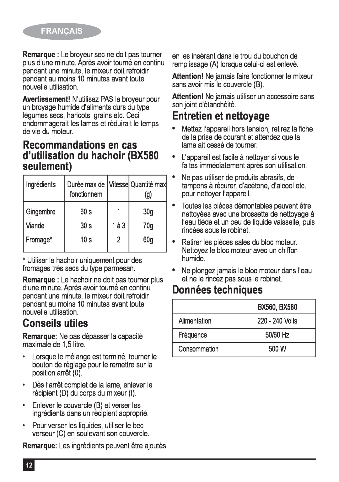 Black & Decker manual Conseils utiles, Entretien et nettoyage, Données techniques, Français, BX560, BX580 