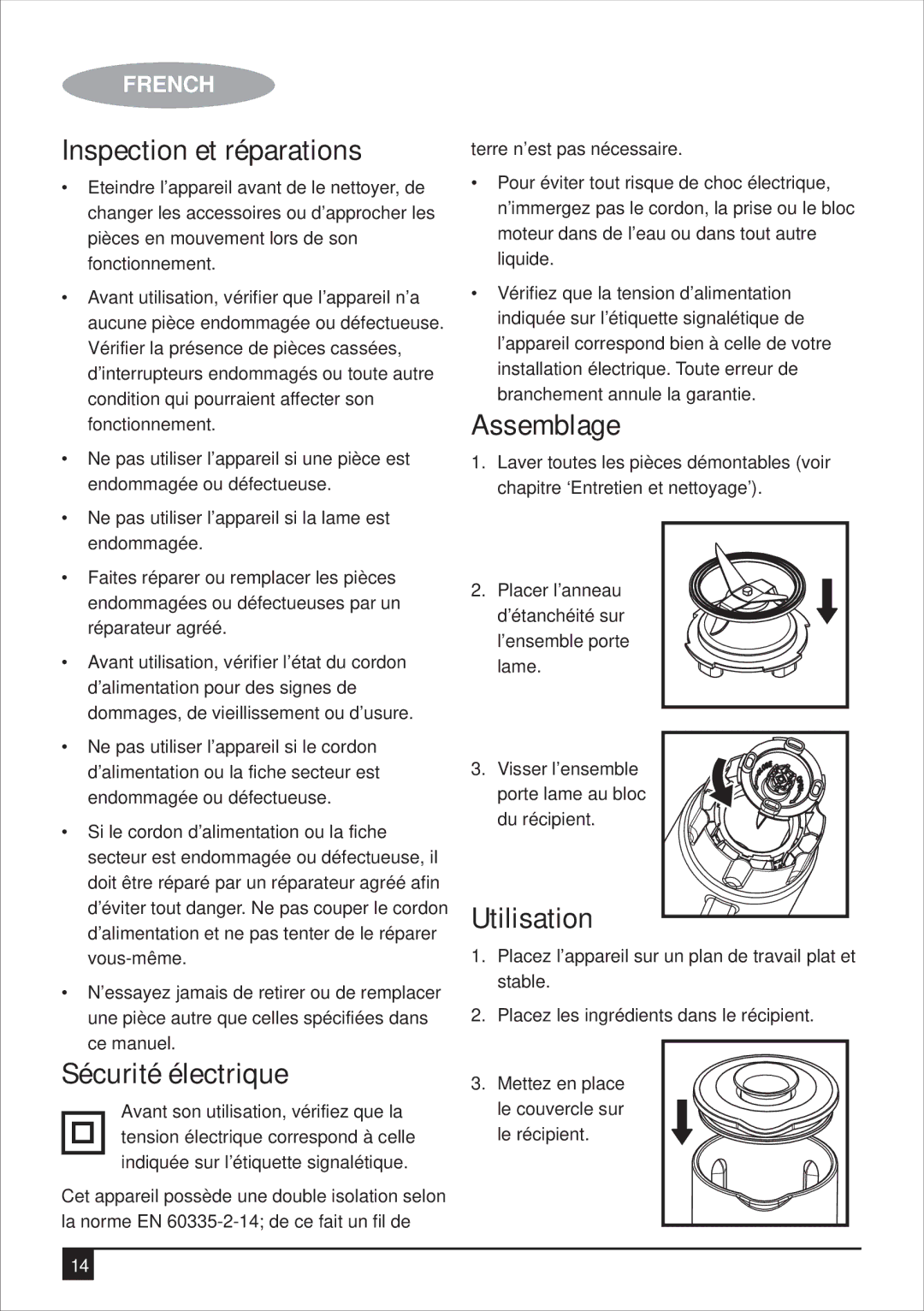 Black & Decker BX700G manual Inspection et réparations, Sécurité électrique, Assemblage, Utilisation 