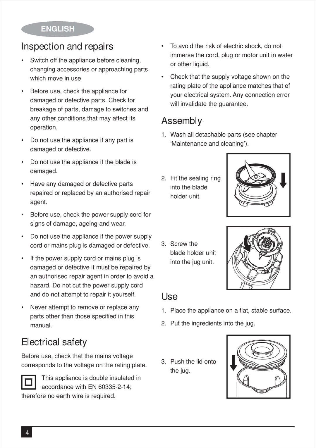 Black & Decker BX700G manual Inspection and repairs, Assembly, Use, Electrical safety 