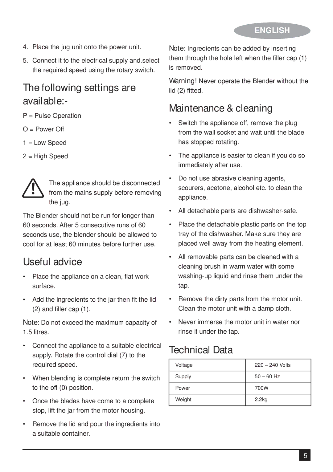 Black & Decker BX700G manual Following settings are available, Useful advice, Maintenance & cleaning, Technical Data 