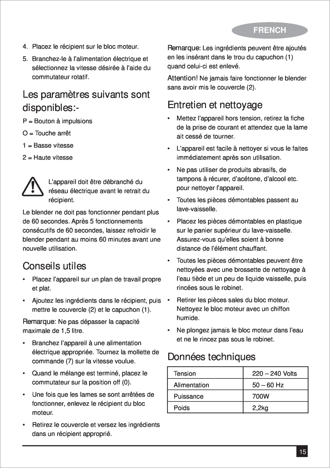 Black & Decker BX700G manual Conseils utiles, Entretien et nettoyage, Données techniques, French 