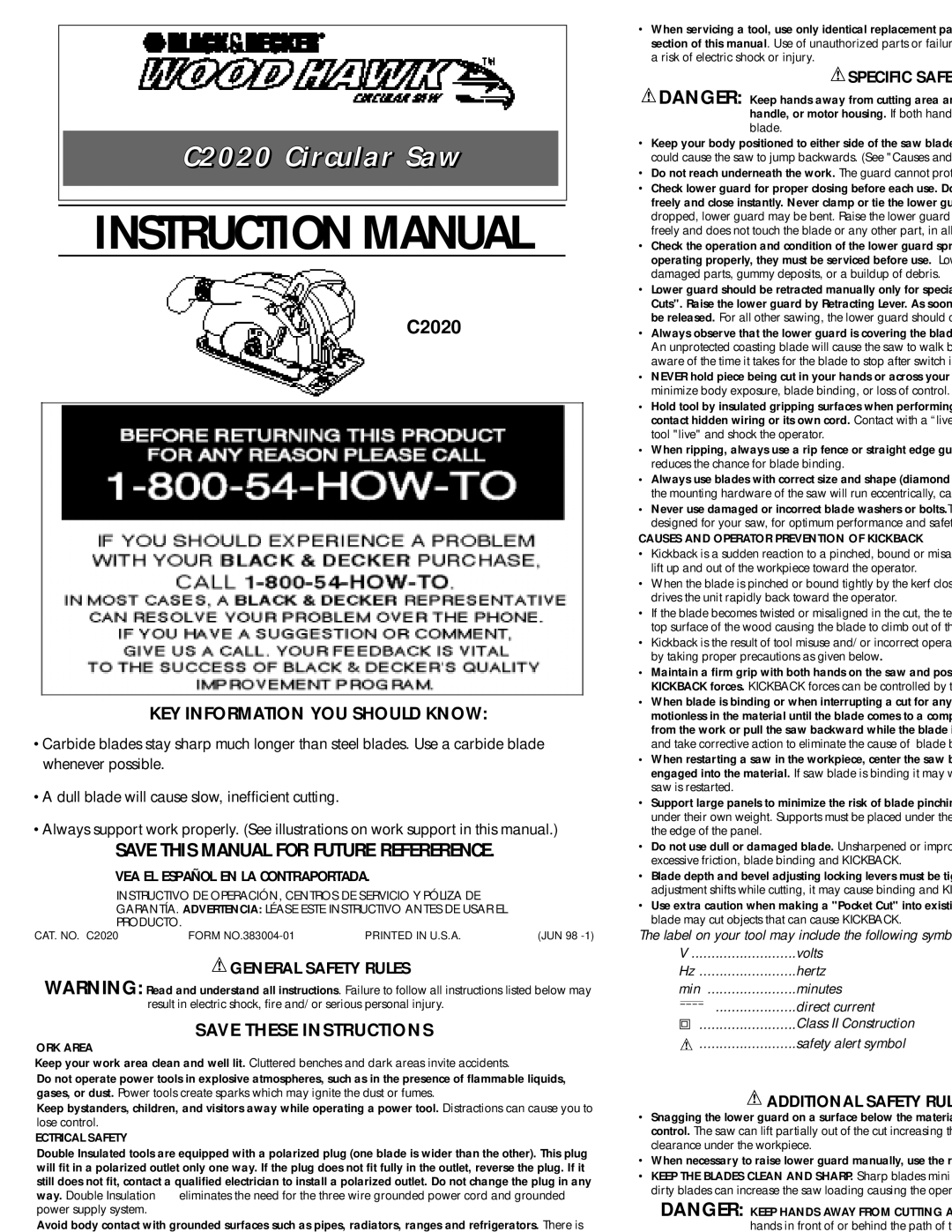 Black & Decker 383004-01, C2020 instruction manual KEY Information YOU should Know, General Safety Rules, Specific Safe 