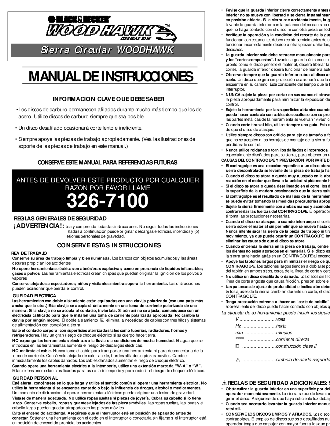 Black & Decker 383004-01, C2020 326-7100, Informacion Clave QUE Debe Saber, Conserve Este Manual Para Referencias Futuras 