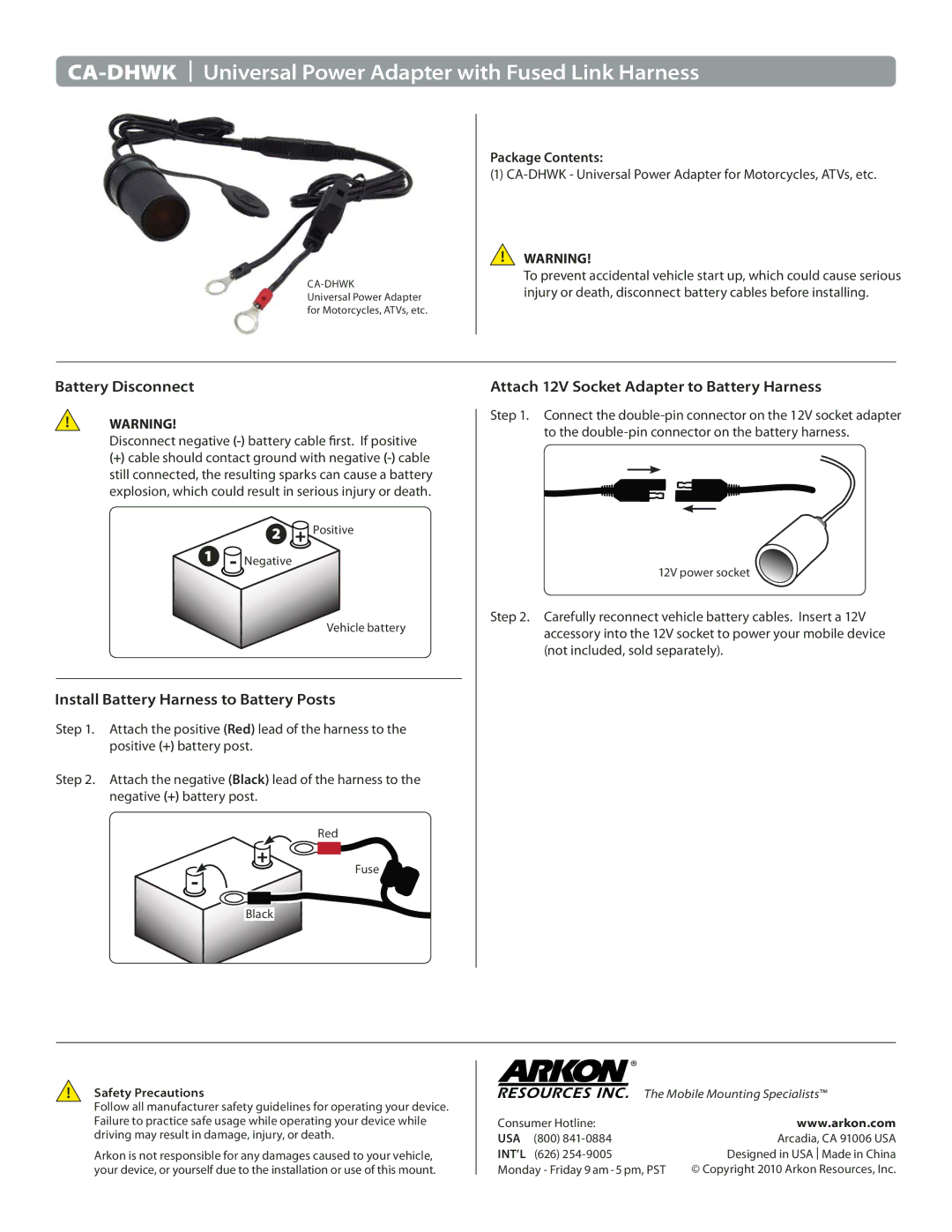 Black & Decker manual CA-DHWK Universal Power Adapter with Fused Link Harness, Install Battery Harness to Battery Posts 