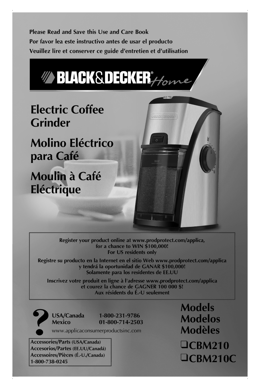 Black & Decker manual Electric Coffee Grinder Molino Eléctrico para Café, Models Modelos Modèles CBM210 CBM210C 