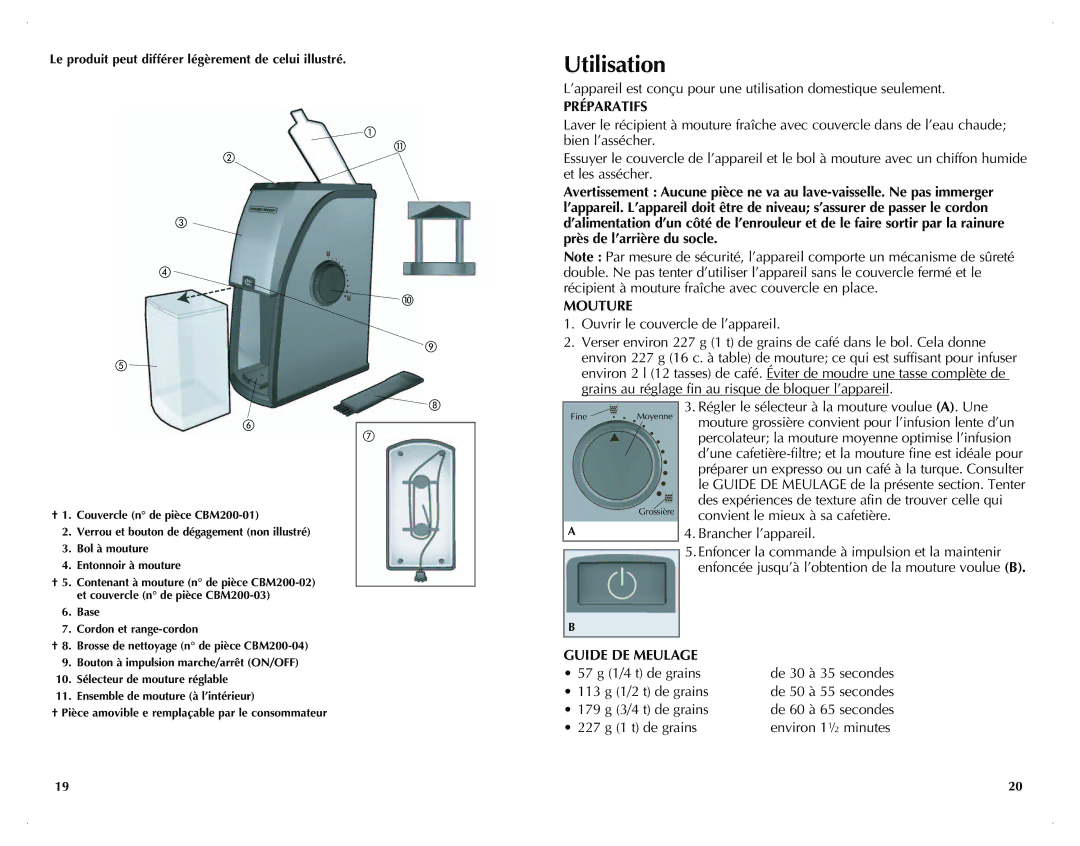 Black & Decker CBM210C manual Utilisation, Préparatifs, Guide de meulage 