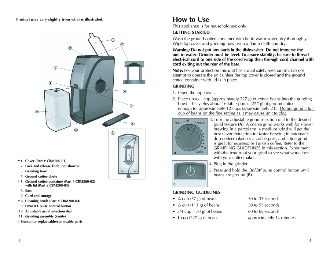 Black & Decker CBM210C manual How to Use, Getting Started, Grinding Guidelines 