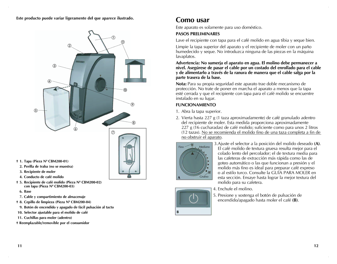 Black & Decker CBM210C manual Como usar, Este aparato es solamente para uso doméstico, Pasos preliminares, Funcionamiento 