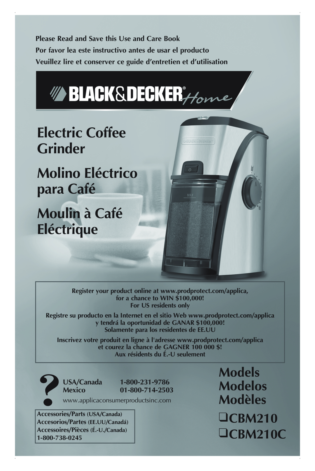 Black & Decker manual Electric Coffee Grinder Molino Eléctrico para Café, Models Modelos Modèles CBM210 CBM210C 