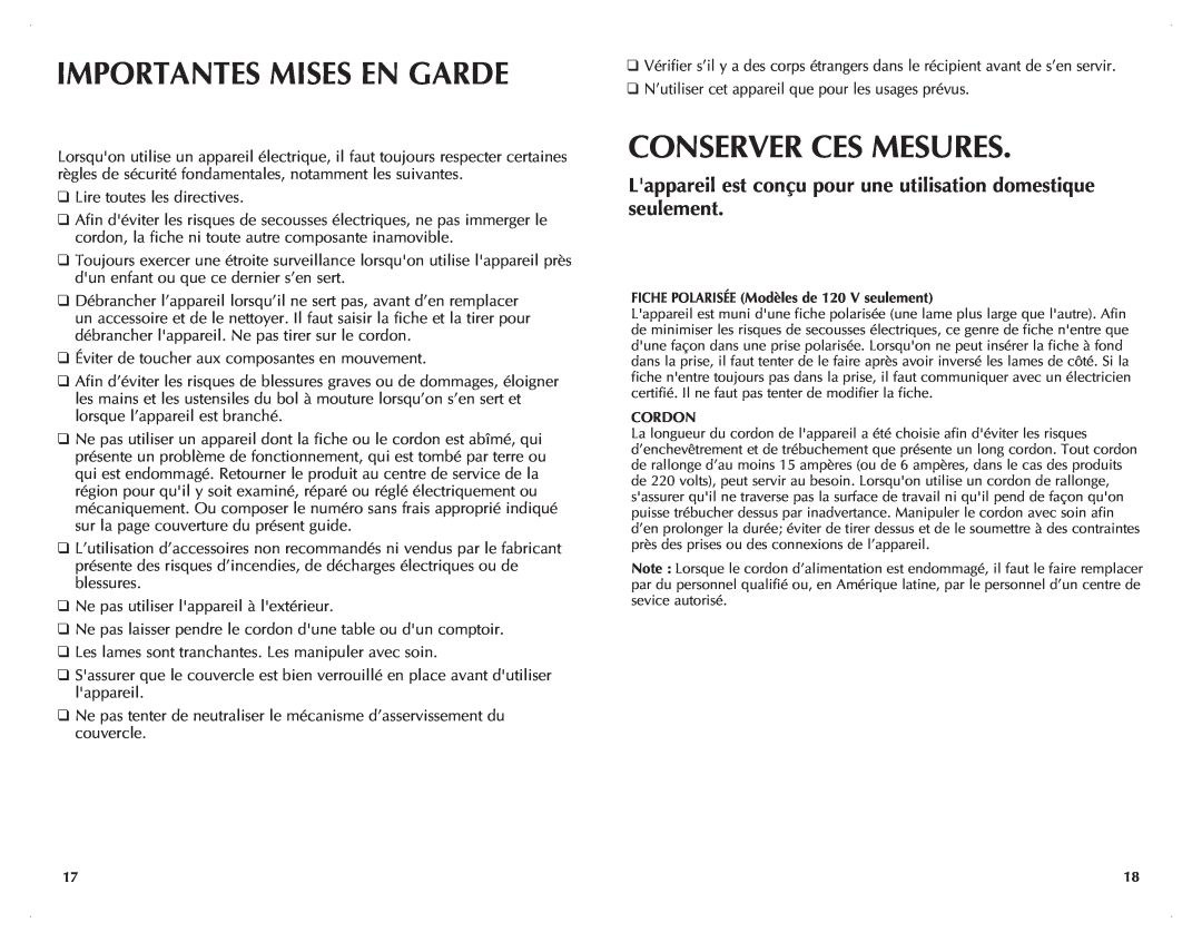 Black & Decker CBM210C manual Importantes Mises En Garde, Conserver Ces Mesures 