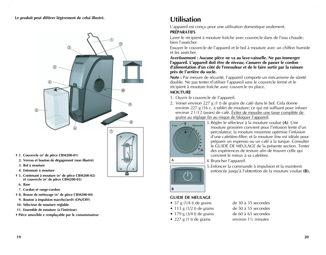 Black & Decker CBM210C manual Utilisation, Préparatifs, Mouture, Guide de meulage 