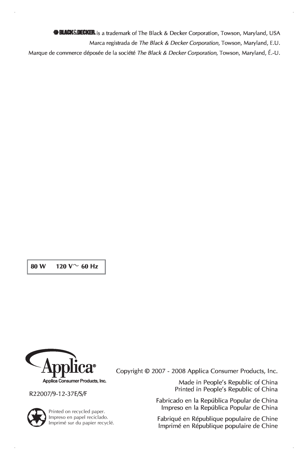Black & Decker CBM210C manual 80 W 120 V 60 Hz, R22007/9-12-37E/S/F, Copyright 2007 - 2008 Applica Consumer Products, Inc 