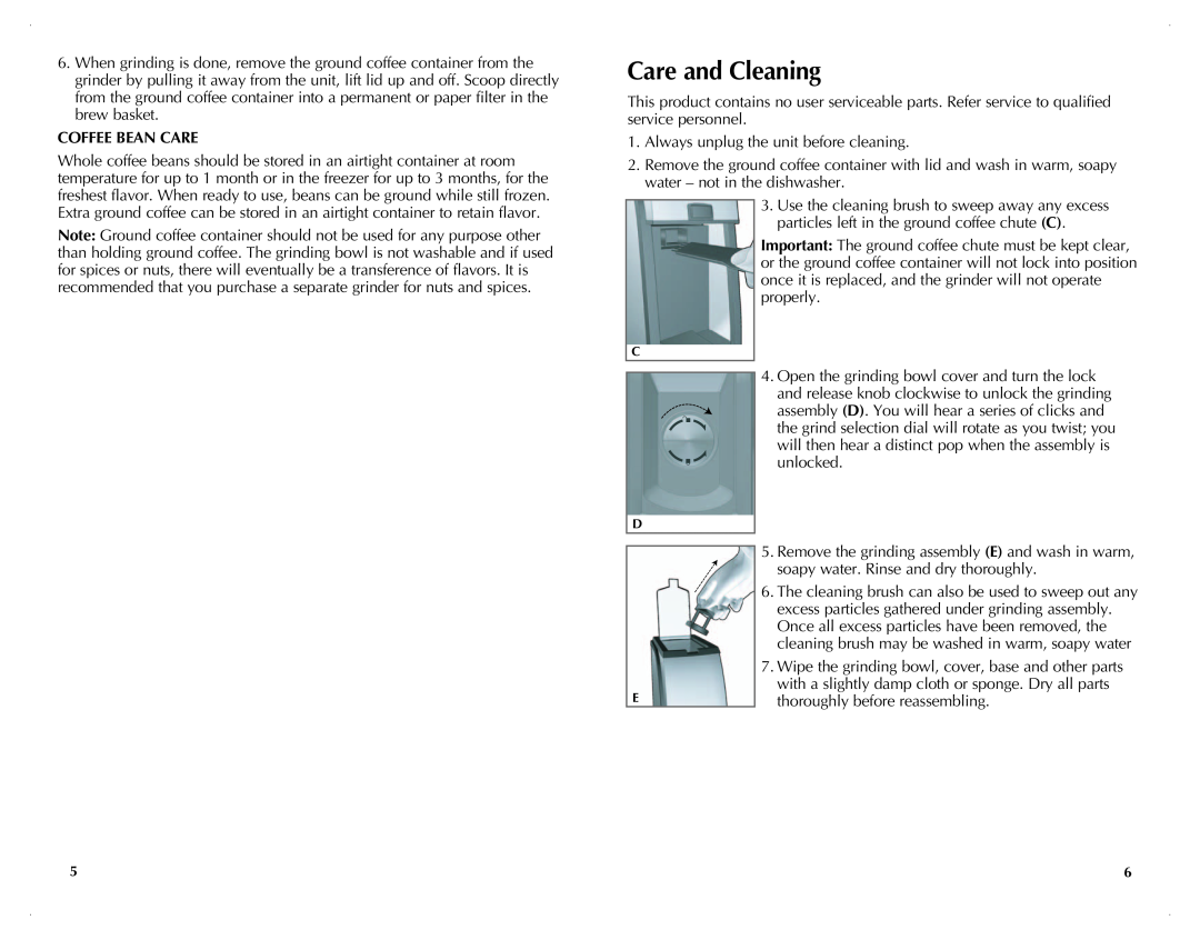 Black & Decker CBM210C manual Care and Cleaning, Coffee Bean Care 
