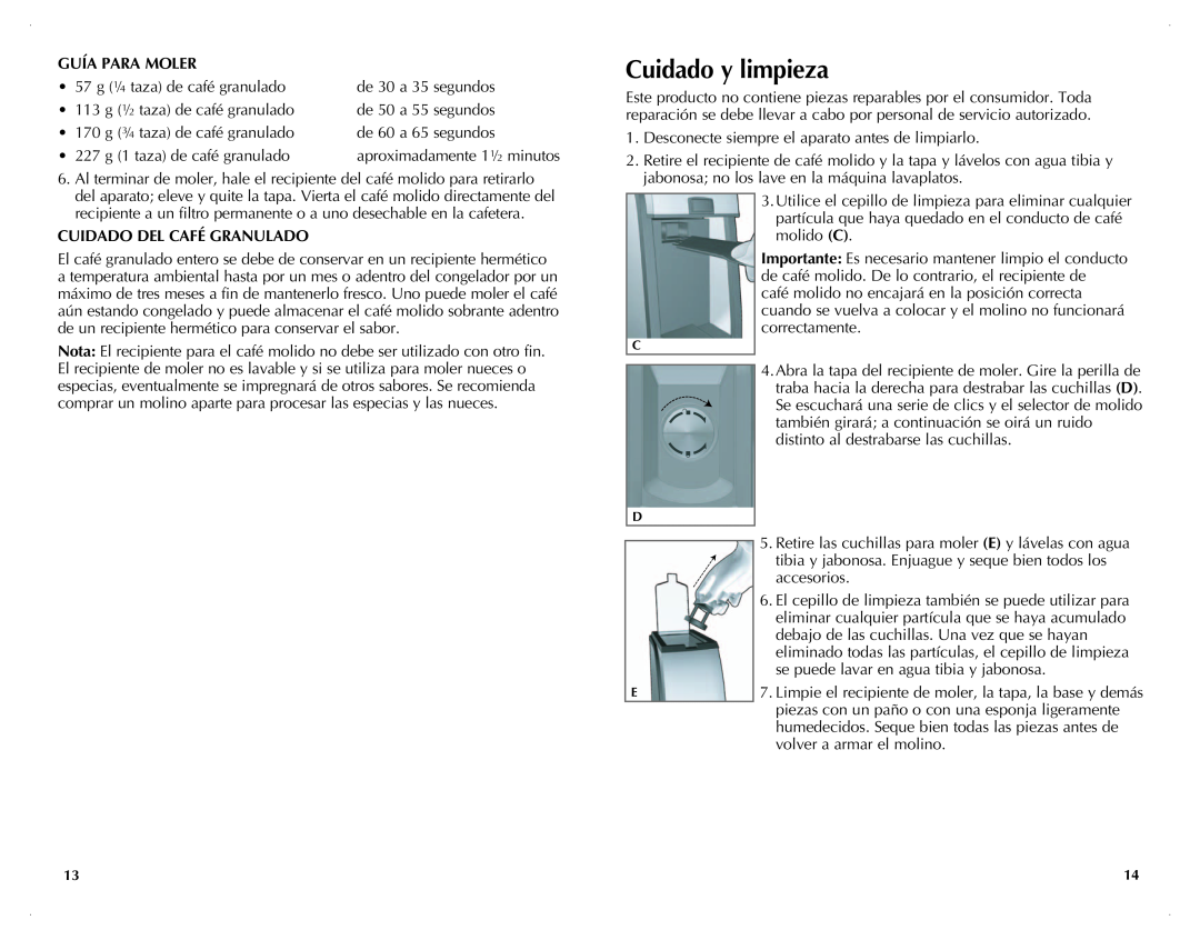 Black & Decker CBM210C manual Cuidado y limpieza, GUÍA para moler, Cuidado del café granulado 