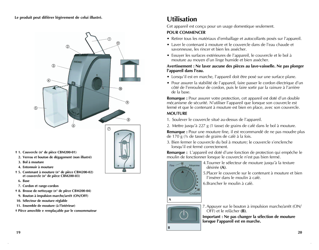 Black & Decker CBM220 manual Utilisation, Pour Commencer, Mouture, Le produit peut différer légèrement de celui illustré 