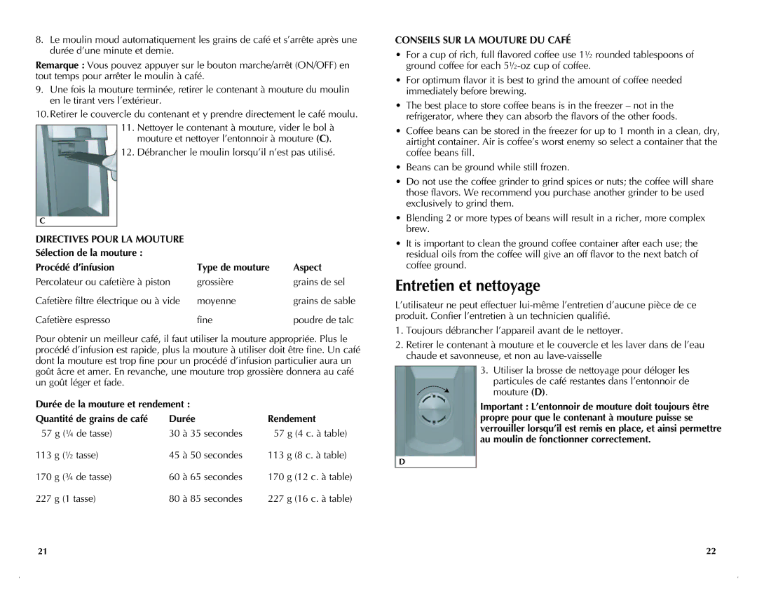 Black & Decker CBM220 manual Entretien et nettoyage, Conseils SUR LA Mouture DU Café 