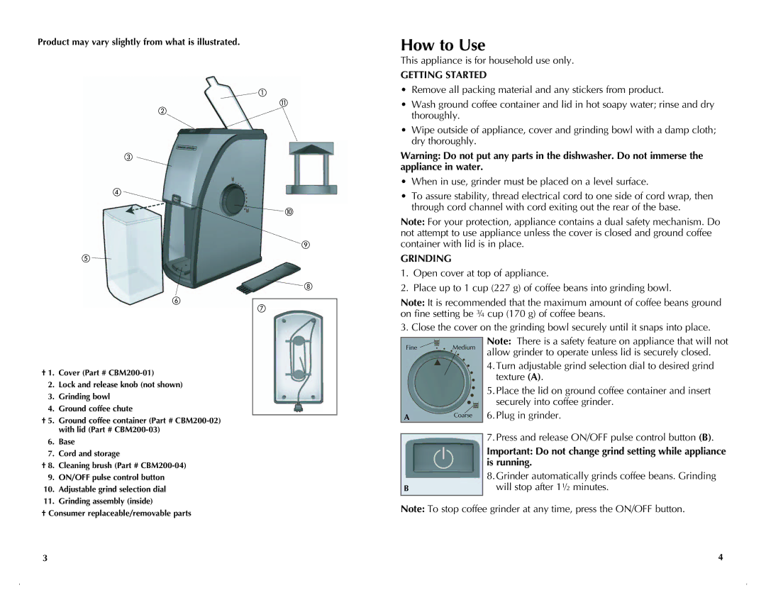 Black & Decker CBM220 manual How to Use, Getting Started, Grinding, Product may vary slightly from what is illustrated 