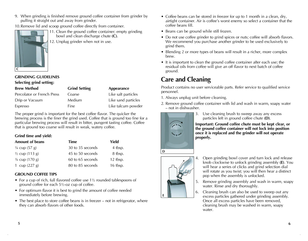 Black & Decker CBM220 manual Care and Cleaning, Grind time and yield Amount of beans Time Yield, Ground Coffee Tips 