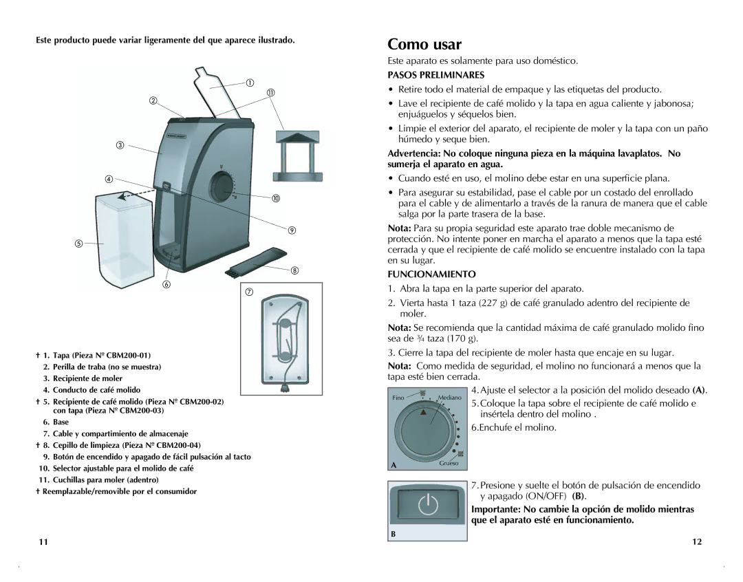 Black & Decker CBM220 manual Como usar, Pasos Preliminares, Funcionamiento 