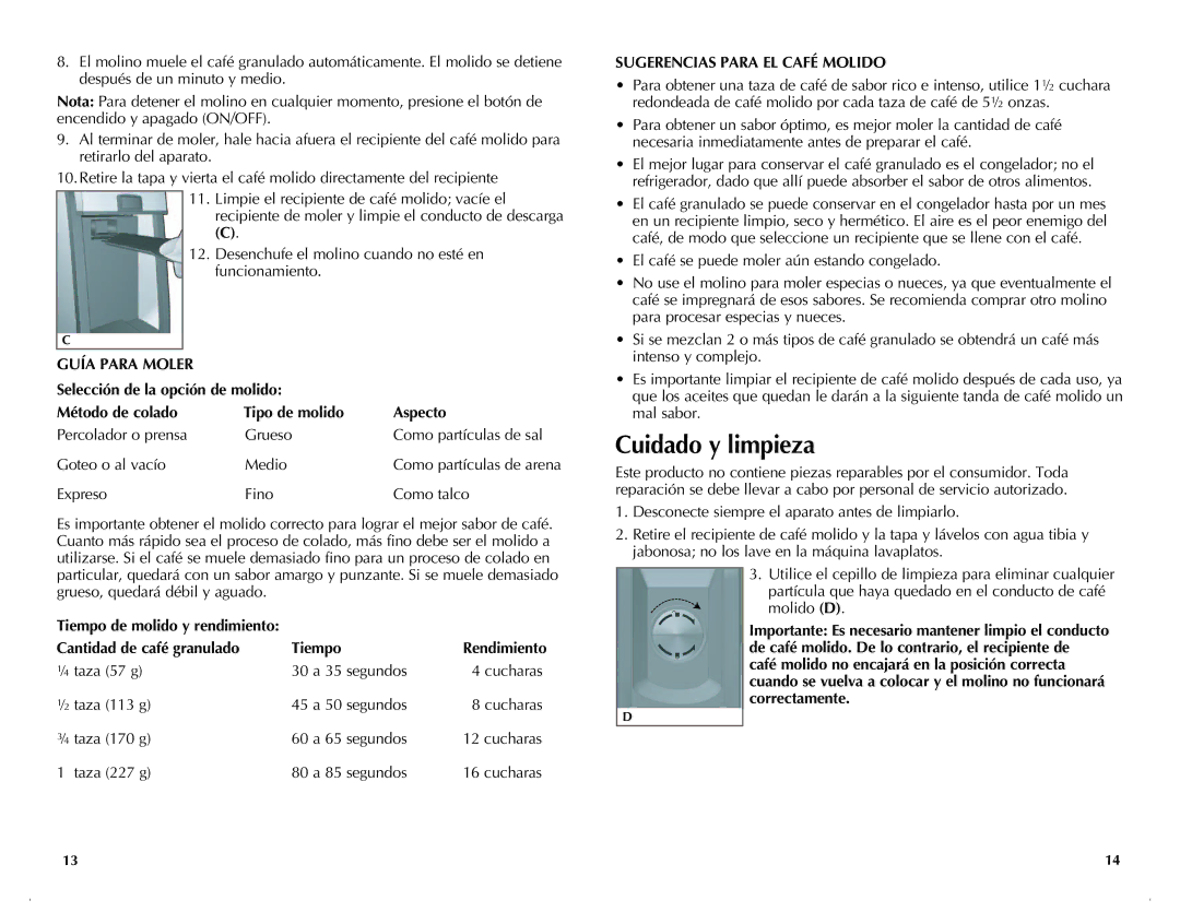 Black & Decker CBM220 manual Cuidado y limpieza, Guía Para Moler, Cantidad de café granulado Tiempo 