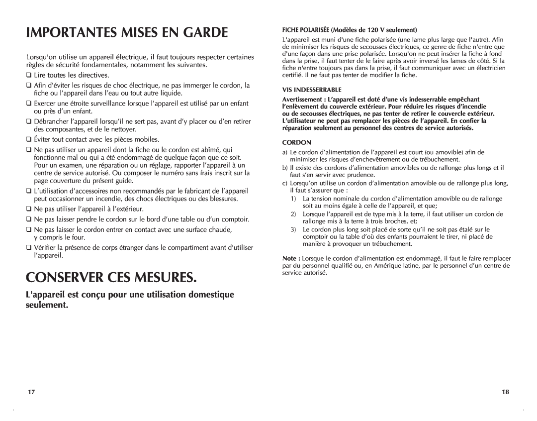 Black & Decker CBM220 manual Importantes Mises En Garde, Conserver Ces Mesures 