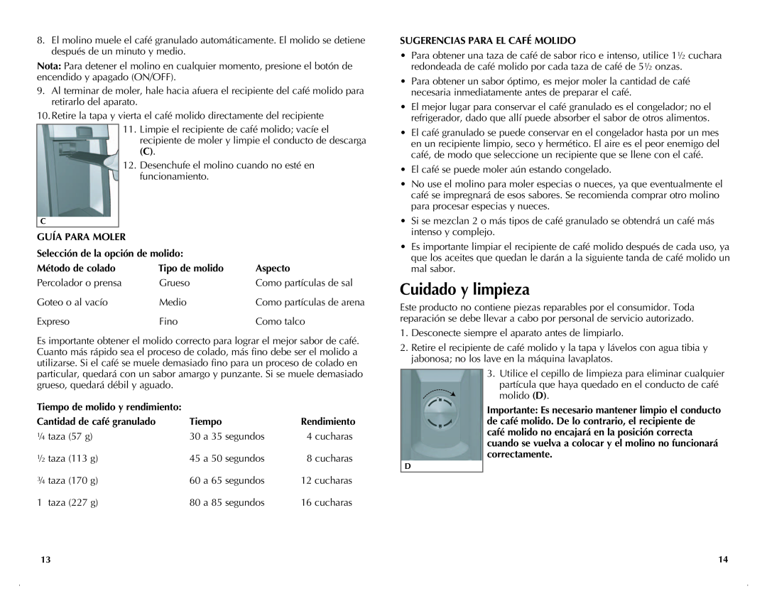 Black & Decker CBM220 Cuidado y limpieza, Guía Para Moler, Selección de la opción de molido, Método de colado, Aspecto 