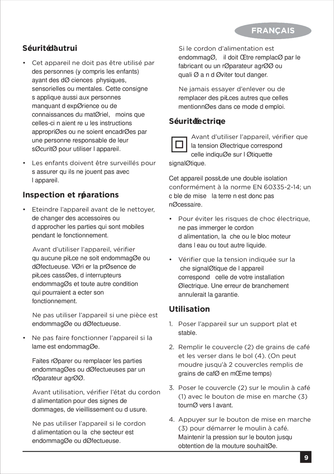 Black & Decker CBM4 manual Sécurité d’autrui, Inspection et réparations, Sécurité électrique, Utilisation 