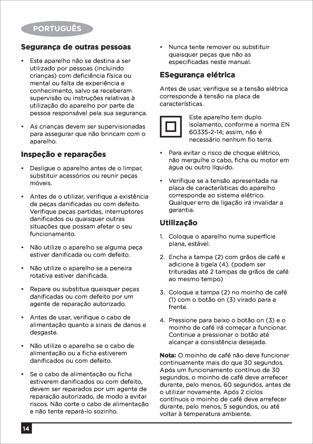 Black & Decker CBM4 manual Português, Segurança de outras pessoas, Inspeção e reparações, ESegurança elétrica, Utilização 