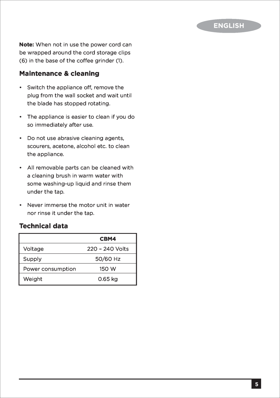 Black & Decker CBM4 manual English, Maintenance & cleaning, Technical data 
