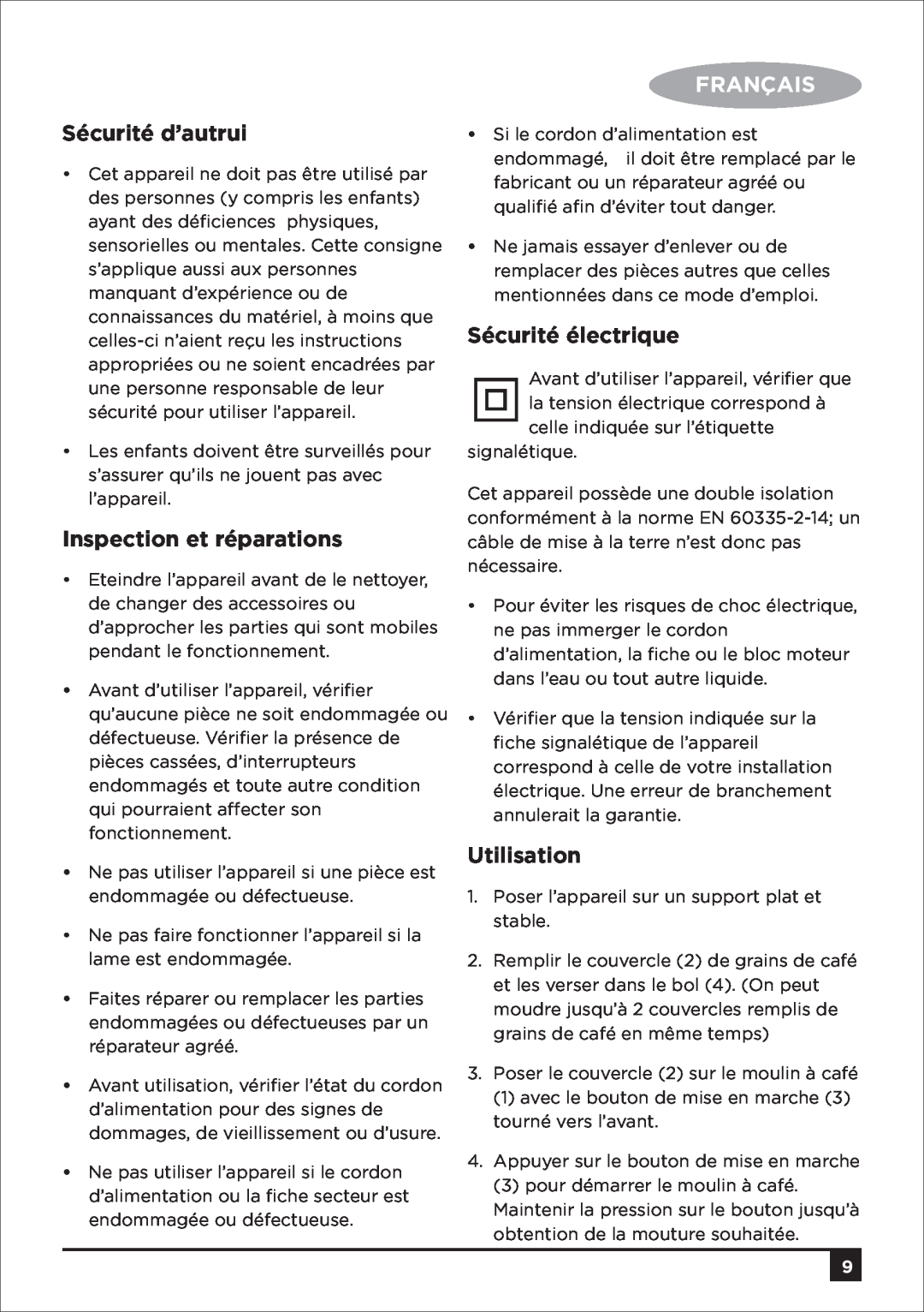 Black & Decker CBM4 manual Sécurité d’autrui, Inspection et réparations, Français, Sécurité électrique, Utilisation 