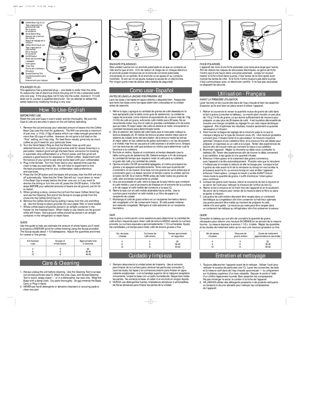 Black & Decker CBM7 How To Use-English, Care & Cleaning, Como usar-Español, Cuidado y limpieza, Utilisation Français 