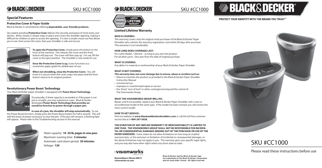 Black & Decker CC1000 warranty Special Features 