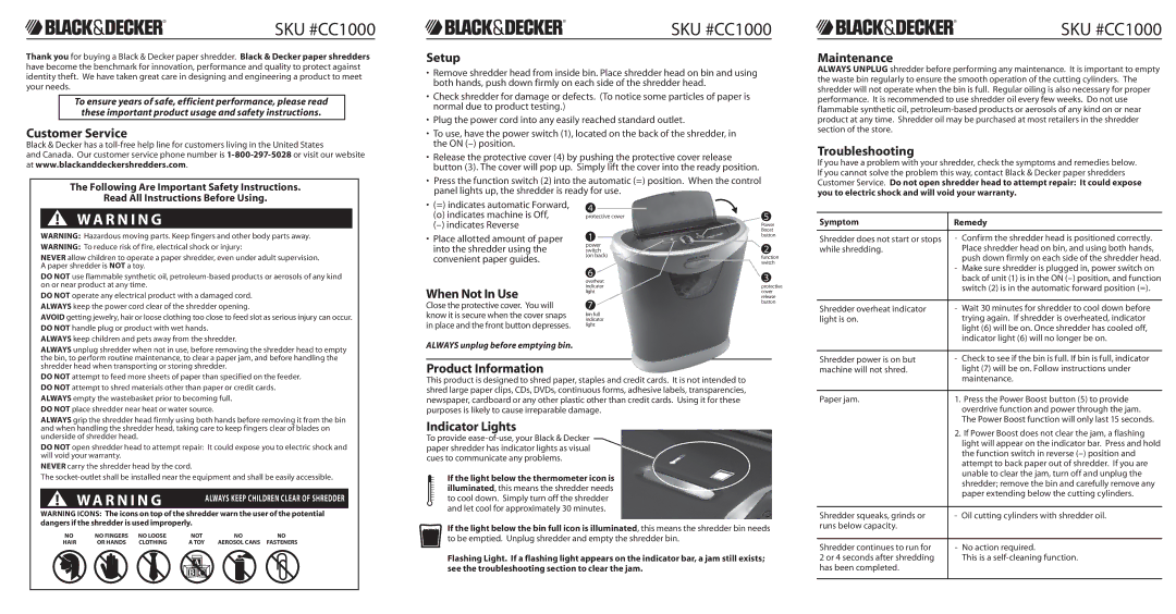 Black & Decker CC1000 warranty Customer Service, Setup, Maintenance, Troubleshooting, When Not In Use, Product Information 