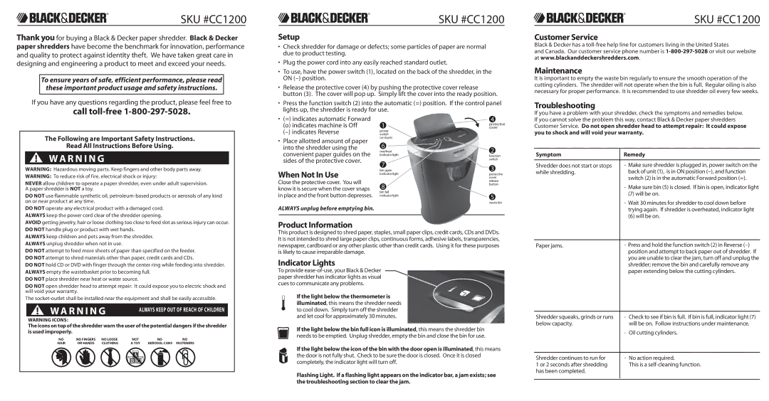 Black & Decker CC1200 warranty Setup, Customer Service, Maintenance, Troubleshooting, When Not In Use, Product Information 