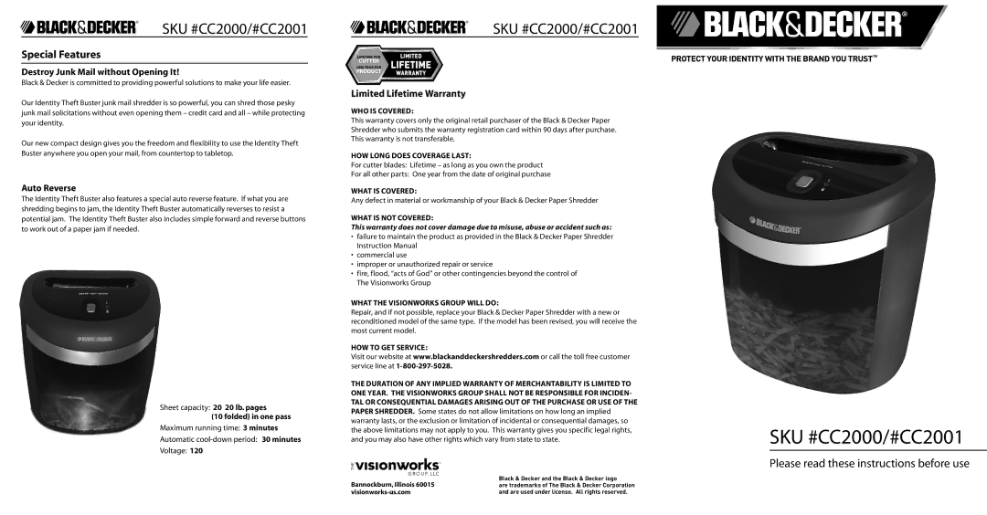 Black & Decker CC2000 CC2001 warranty Special Features 