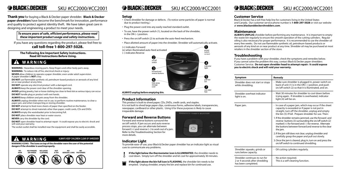 Black & Decker CC2000 CC2001 Setup, Customer Service, Maintenance, Troubleshooting, Product Information, Indicator Light 