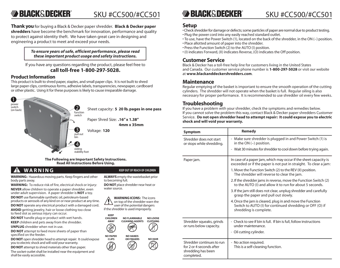 Black & Decker CC500, CC501 warranty Setup, Customer Service, Maintenance, Troubleshooting 