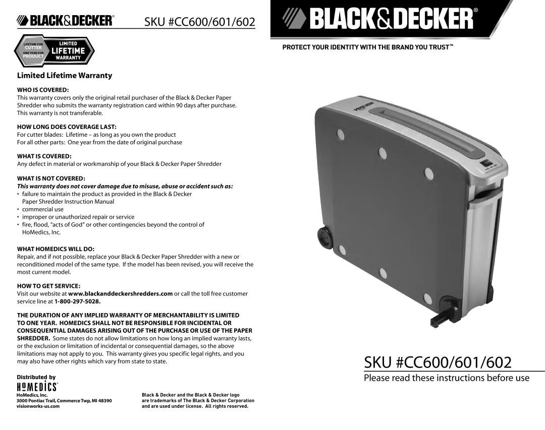 Black & Decker CC602 warranty Limited Lifetime Warranty, Who Is Covered, How Long Does Coverage Last, What Is Covered 