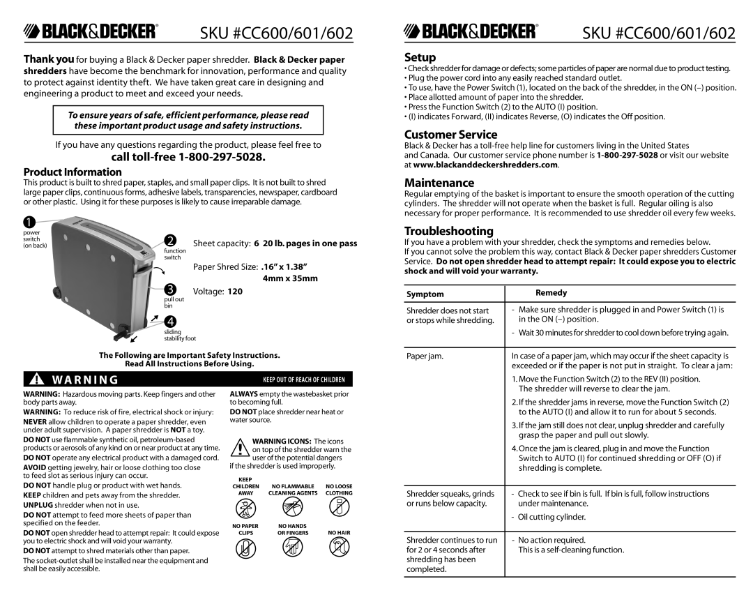 Black & Decker Product Information, Sheet capacity 6 20 lb. pages in one pass, Symptom, Remedy, SKU #CC600/601/602 