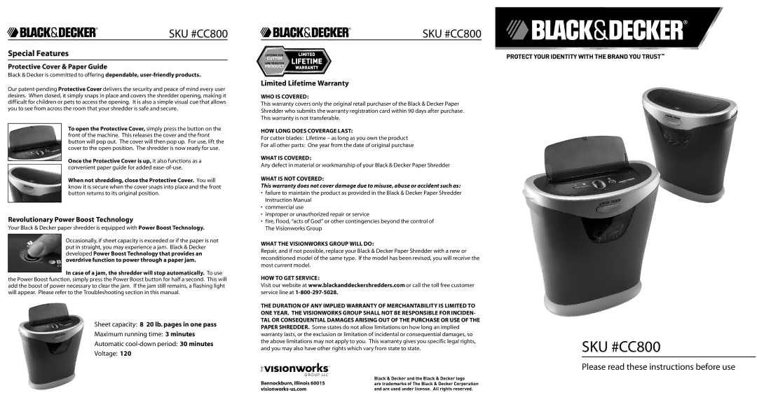 Black & Decker cc800 warranty Special Features 